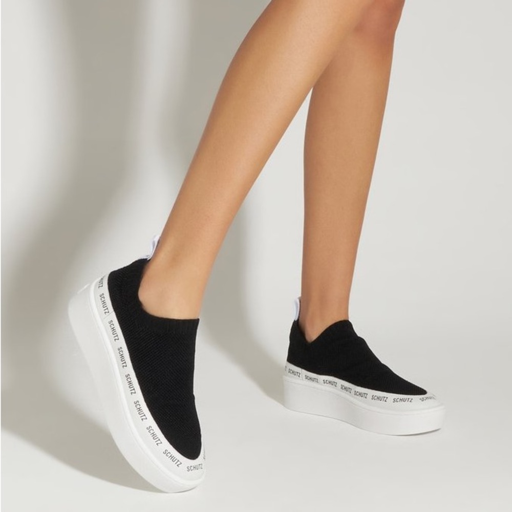 Schutz Black And White Knit Logo Tennis Shoes
